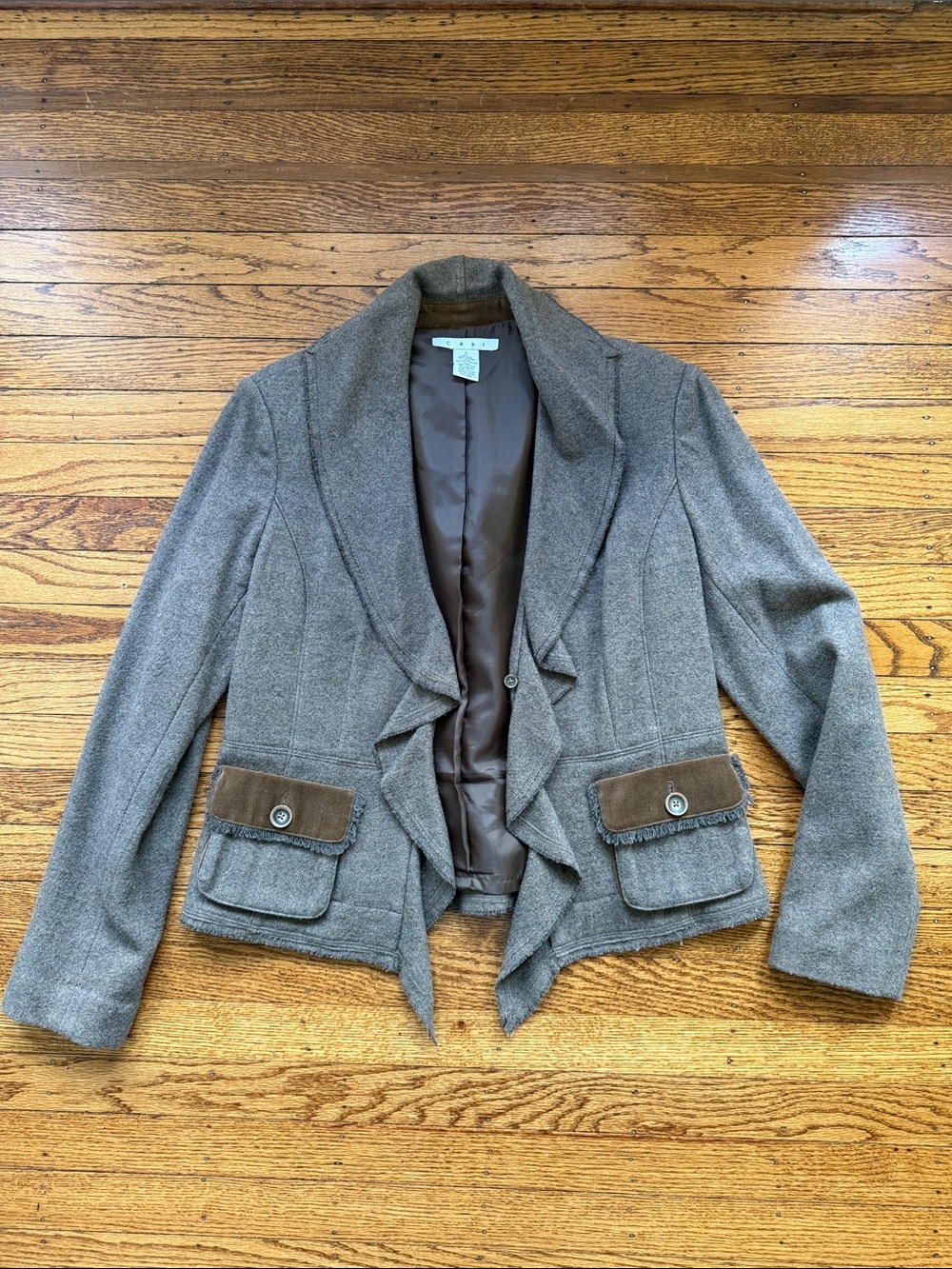 CAbi Taupe Ruffle-Front Blazer with Contrast Pocket Trim